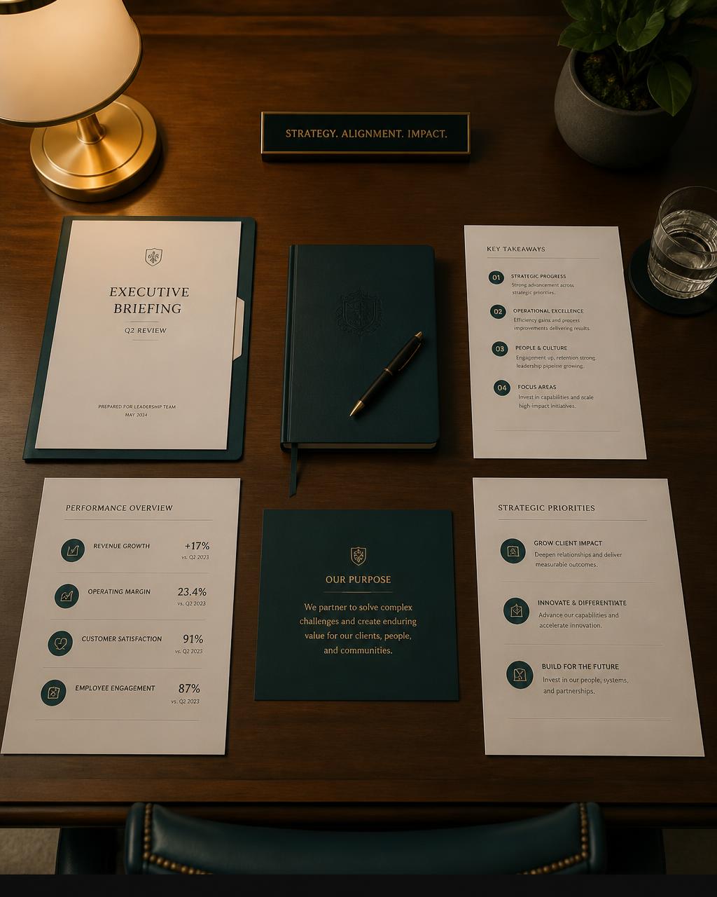 Overhead view of an executive briefing table with documents, a notebook, and warm lamplight